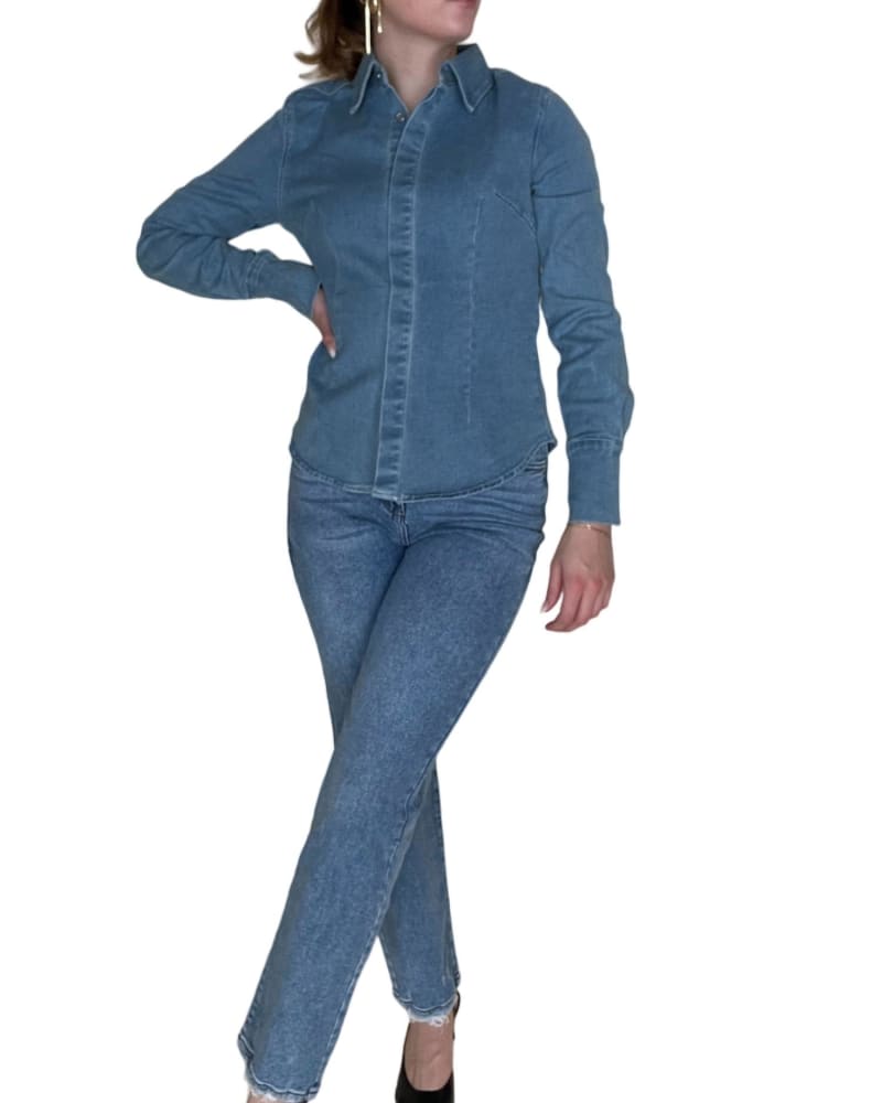Front of a model wearing a size L Denim Top in Blue in Blue by Aaron & Amber. | dia_product_style_image_id:363162